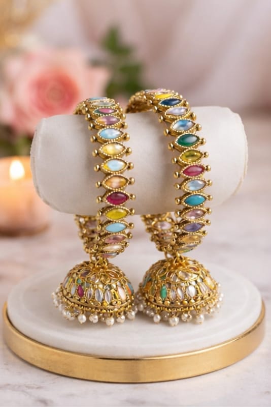 Gold-Toned Jhumka Bangles – Elegant Artificial Jewellery with Traditional Charm(Code 109)